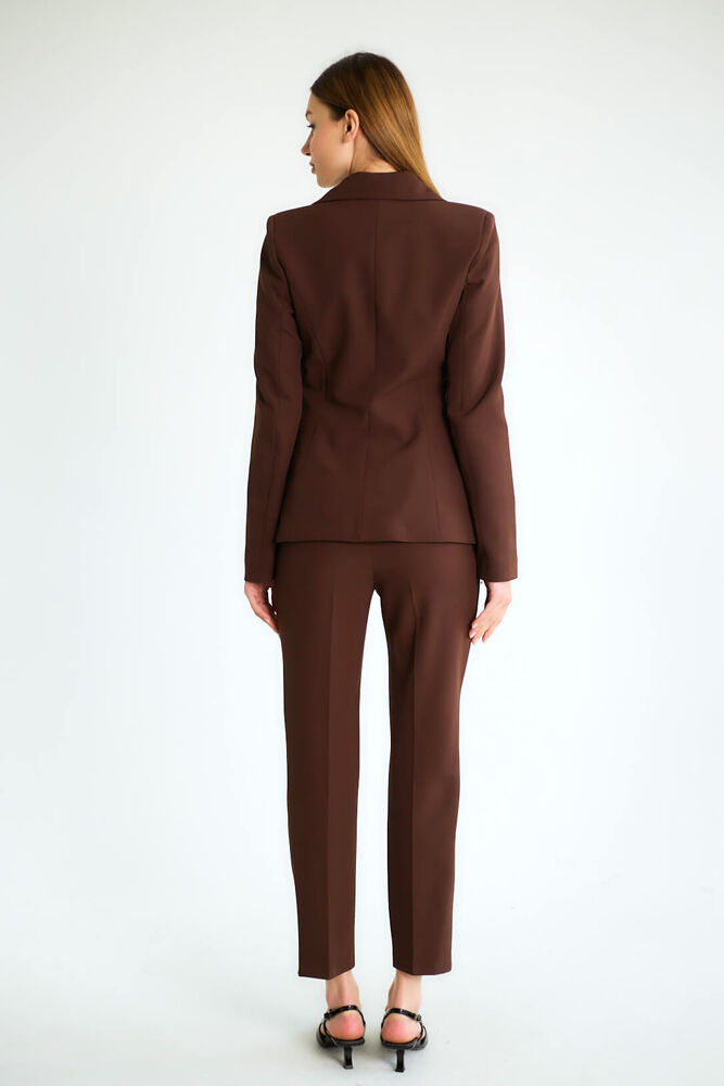 Tek Düğmeli Blazer Ceketli Dar Paça Pantolonlu Takım - Kahve - 3