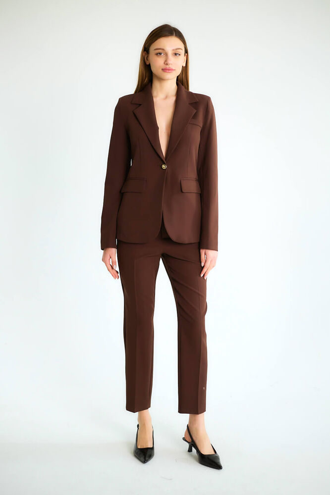 Tek Düğmeli Blazer Ceketli Dar Paça Pantolonlu Takım - Kahve - 2