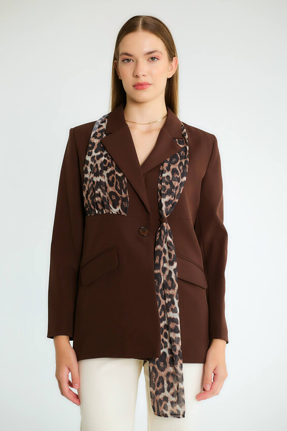 Leopar Eşarp Detaylı Blazer - Kahve