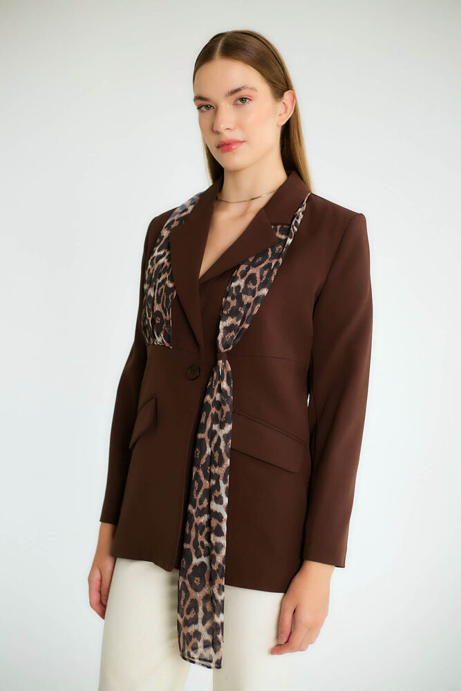 Leopar Eşarp Detaylı Blazer - Kahve - 2