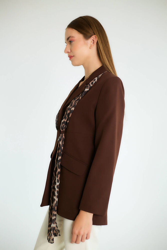 Leopar Eşarp Detaylı Blazer - Kahve - 3