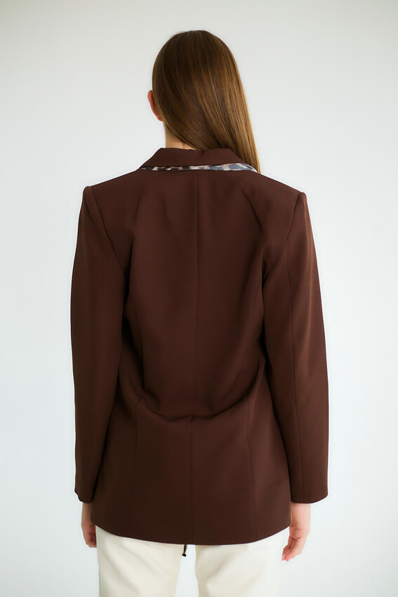Leopar Eşarp Detaylı Blazer - Kahve - 4
