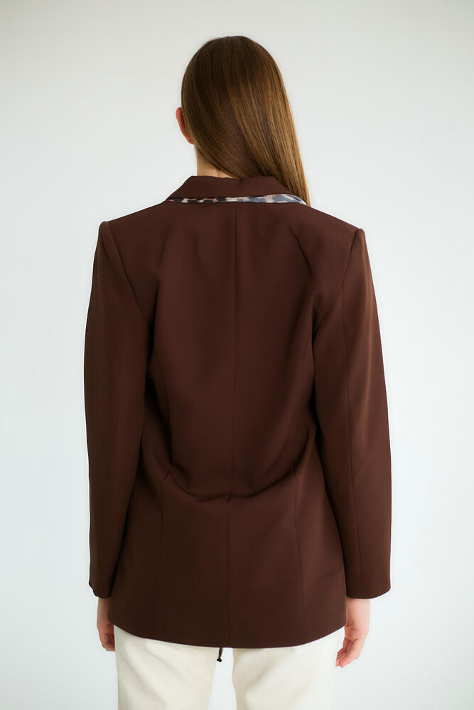 Leopar Eşarp Detaylı Blazer - Kahve - 4
