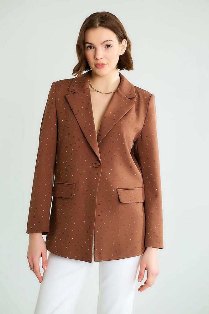 Taşlı Dokulu Tek Düğmeli Blazer - Kahve - 1