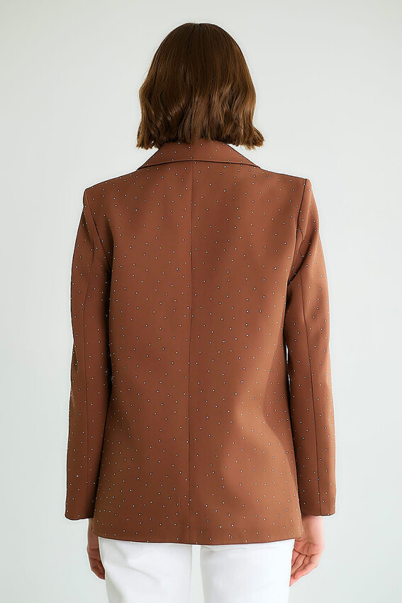 Taşlı Dokulu Tek Düğmeli Blazer - Kahve - 3