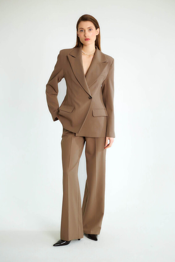 Kruvaze Blazer Ceketli Pantolonlu Takım - Kahve