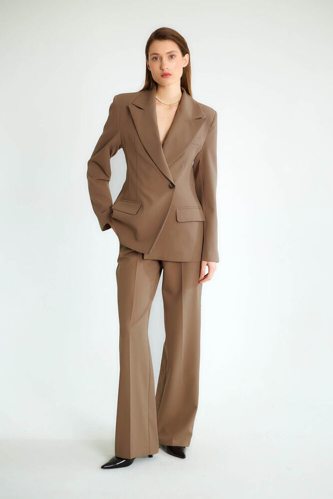 Kruvaze Blazer Ceketli Pantolonlu Takım - Kahve - 1