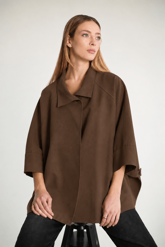 Oversize Pelerin Kollu Yakalı Trençkot - Kahve