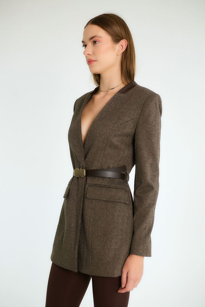 Kemerli Uzun Blazer Elbise Tipi - Kahve - 2