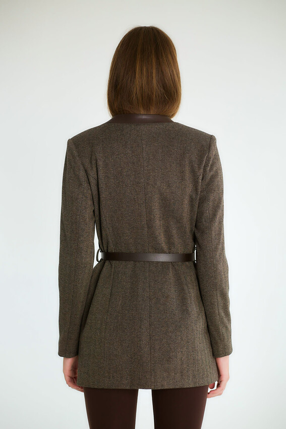 Kemerli Uzun Blazer Elbise Tipi - Kahve - 5