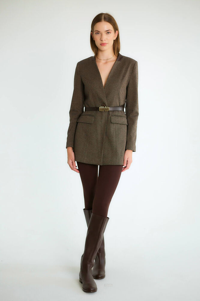 Kemerli Uzun Blazer Elbise Tipi - Kahve - 3