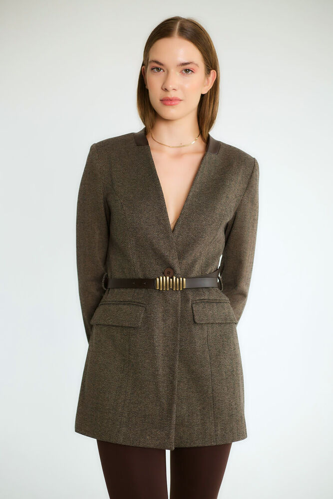 Kemerli Uzun Blazer Elbise Tipi - Kahve - 4
