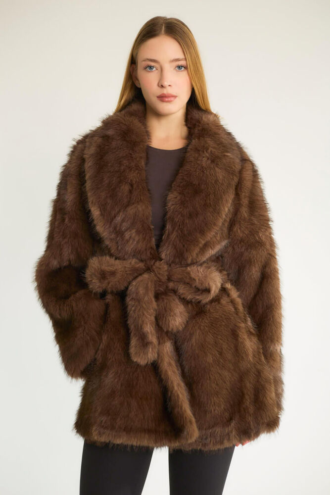 KUŞAKLI SUNİ KÜRK KABAN - KAHVE - 1