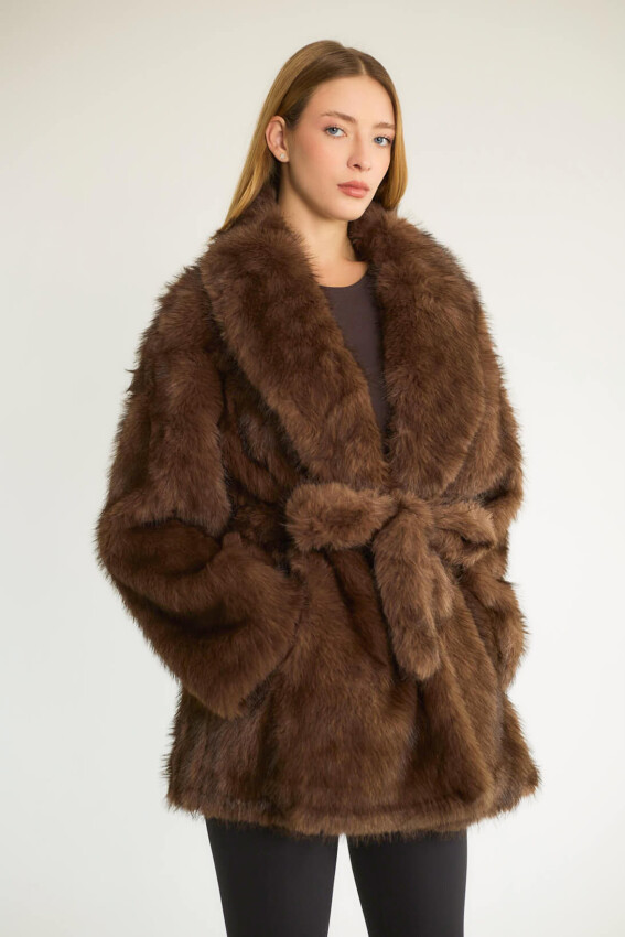 KUŞAKLI SUNİ KÜRK KABAN - KAHVE - 4