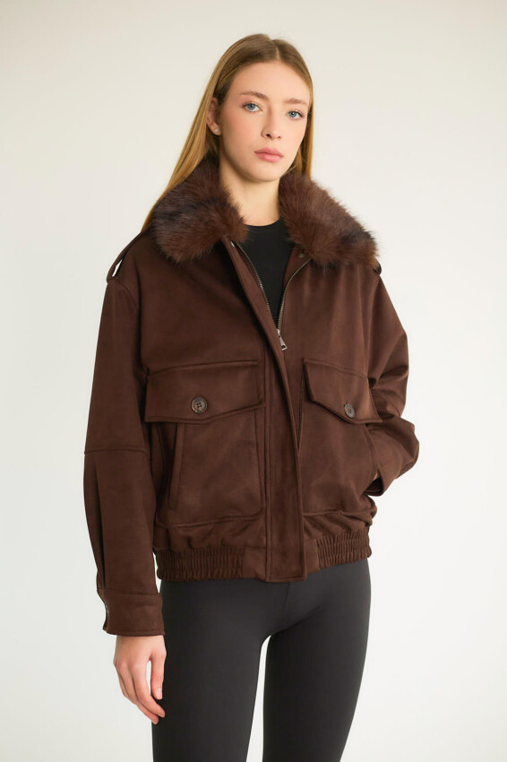  YAKASI KÜRKLÜ CEP DETAYLI MONT - KAHVE - 3