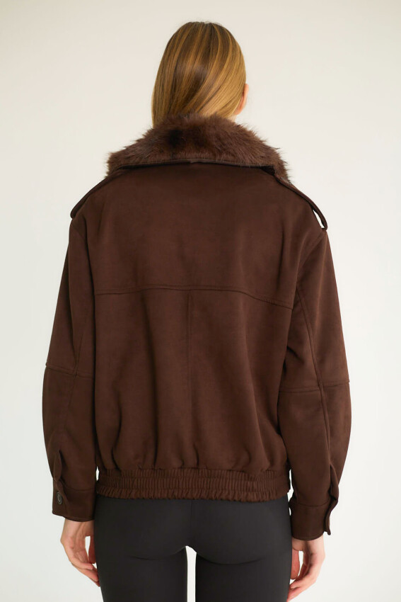  YAKASI KÜRKLÜ CEP DETAYLI MONT - KAHVE - 5
