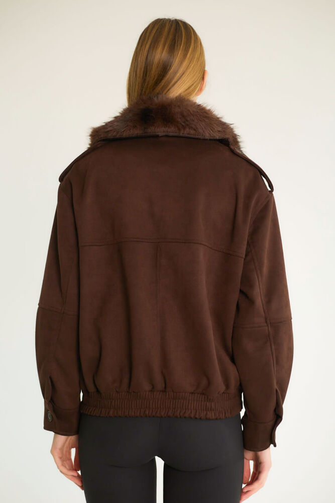 YAKASI KÜRKLÜ CEP DETAYLI MONT - KAHVE - 5