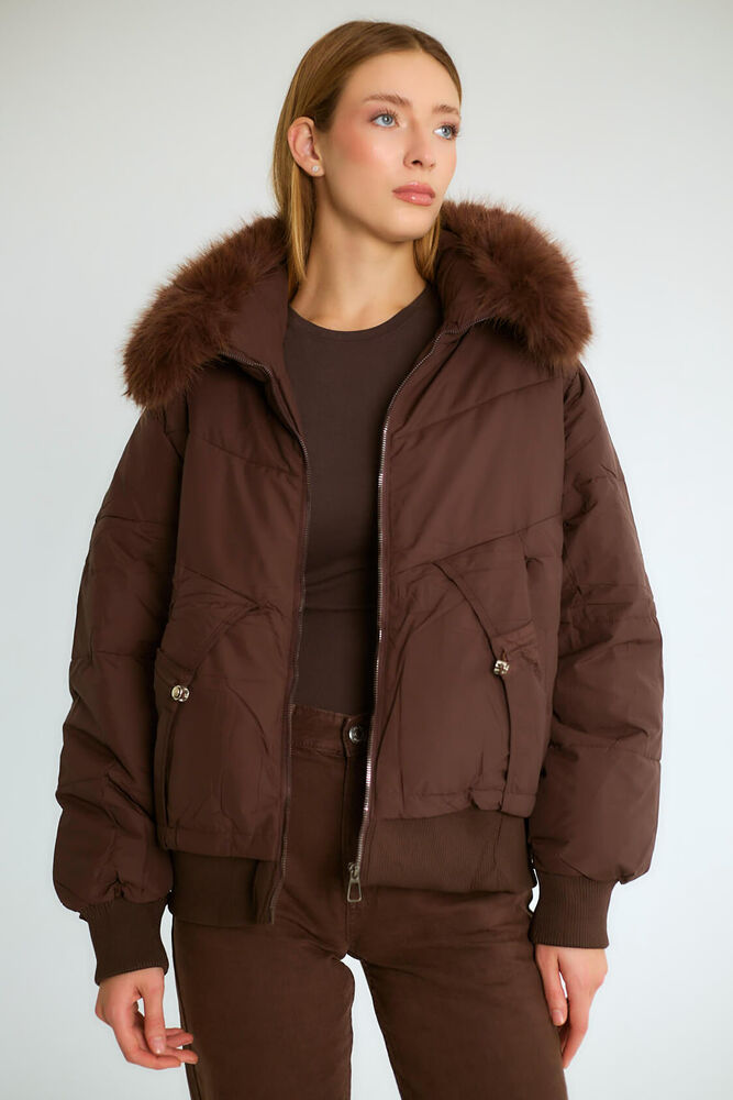 Kürk Yakalı Fermuarlı Şişme Kısa Mont - Kahve - 3