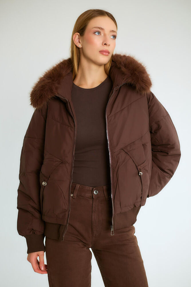 Kürk Yakalı Fermuarlı Şişme Kısa Mont - Kahve - 4