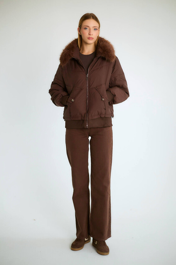 Kürk Yakalı Fermuarlı Şişme Kısa Mont - Kahve - 2