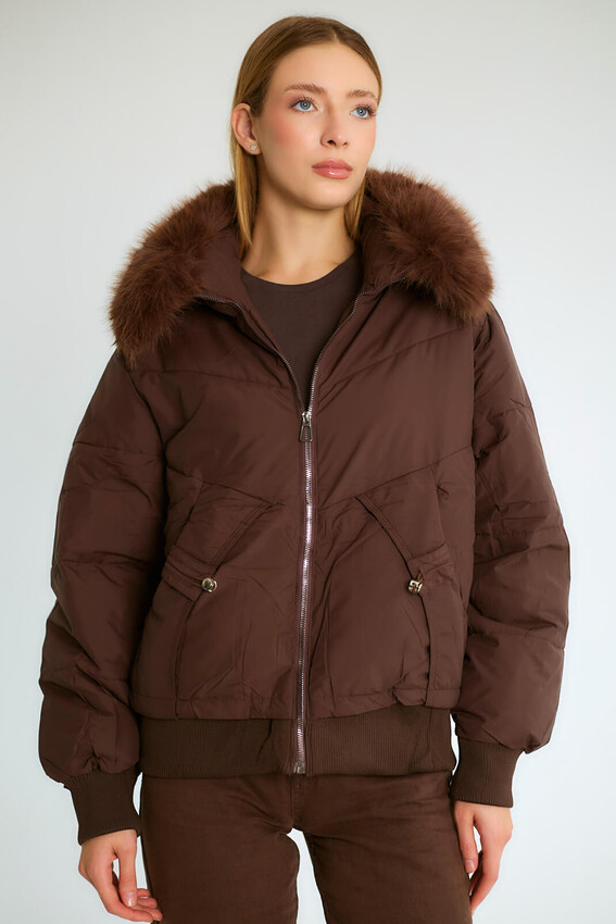 Kürk Yakalı Fermuarlı Şişme Kısa Mont - Kahve - 5