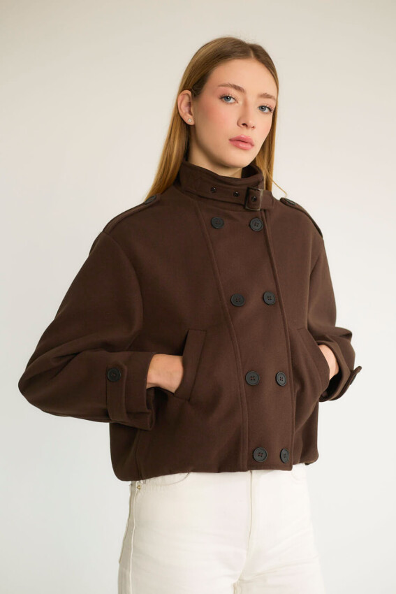 DİK YAKA DÜĞMELİ KISA MONT -  KAHVE - 3