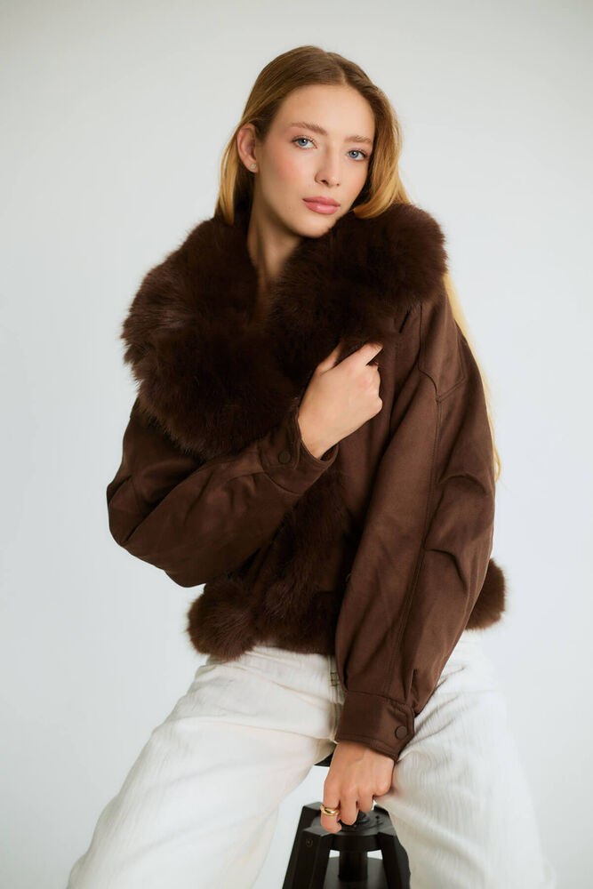 Kürk Yakalı Kısa Bomber - Kahve - 2