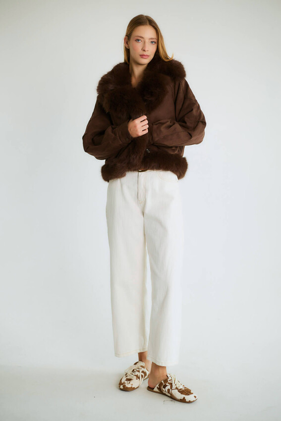 Kürk Yakalı Kısa Bomber - Kahve - 3