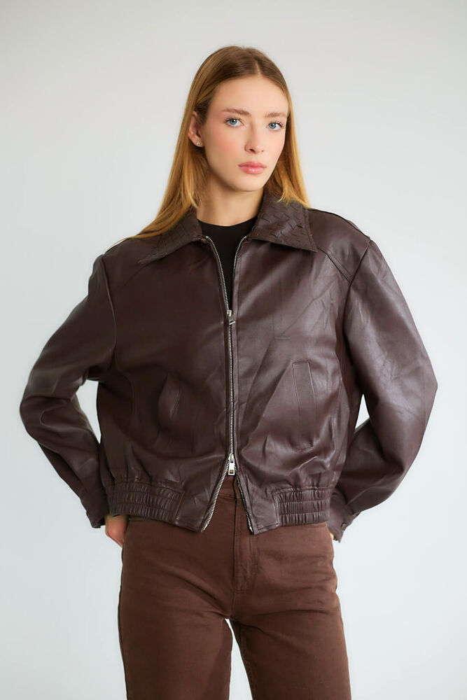 Yakalı Fermuarlı Lastikli Bomber - Kahve - 1