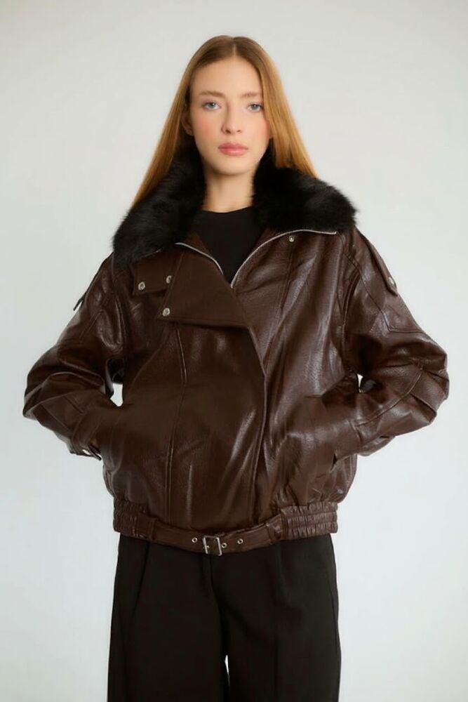 Kürk Yakalı Biker - Kahve - 1