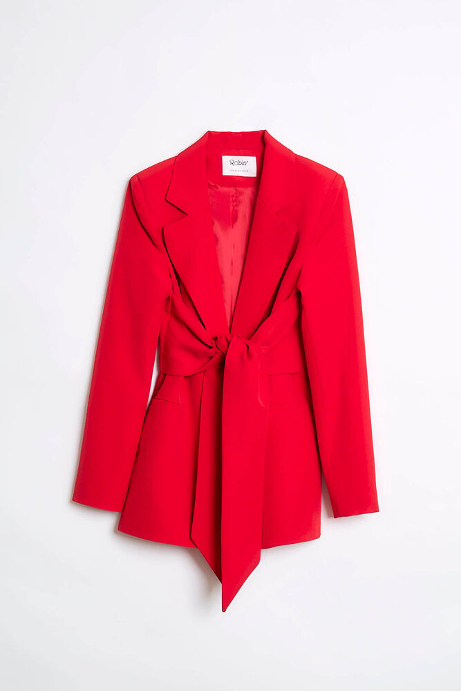 Kuşak Detaylı Kruvaze Yaka Blazer - Kırmızı - 1