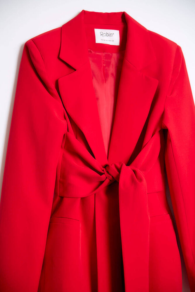 Kuşak Detaylı Kruvaze Yaka Blazer - Kırmızı - 2