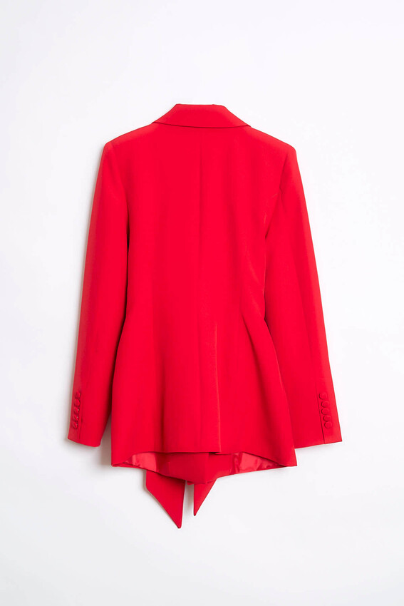 Kuşak Detaylı Kruvaze Yaka Blazer - Kırmızı - 3
