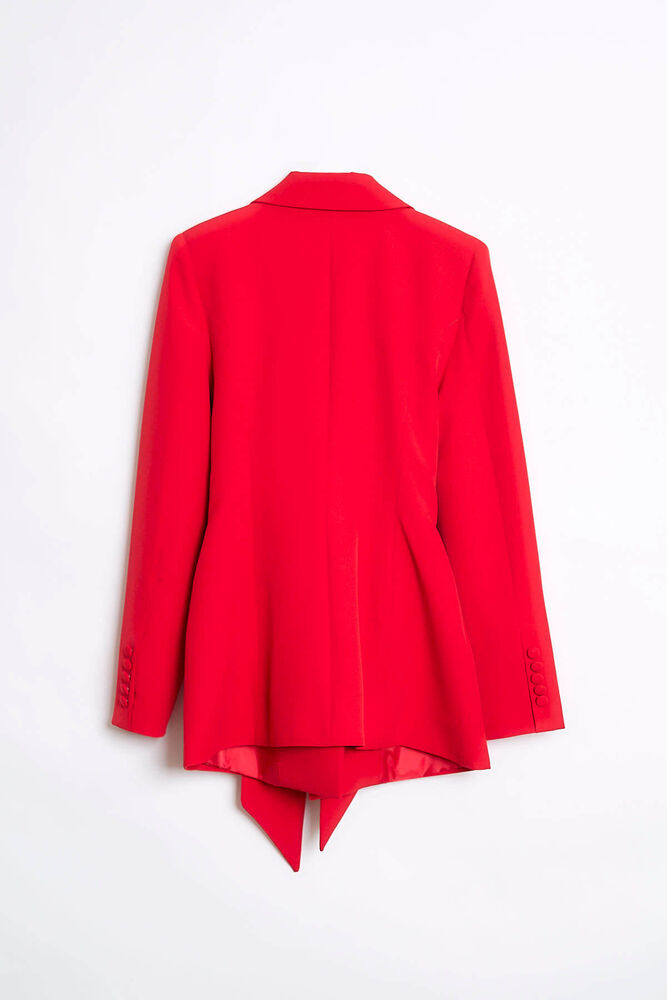 Kuşak Detaylı Kruvaze Yaka Blazer - Kırmızı - 3