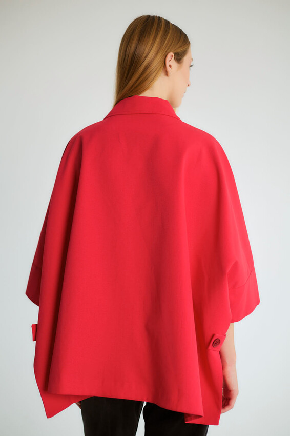 Oversize Pelerin Kollu Yakalı Trençkot - Kırmızı - 4