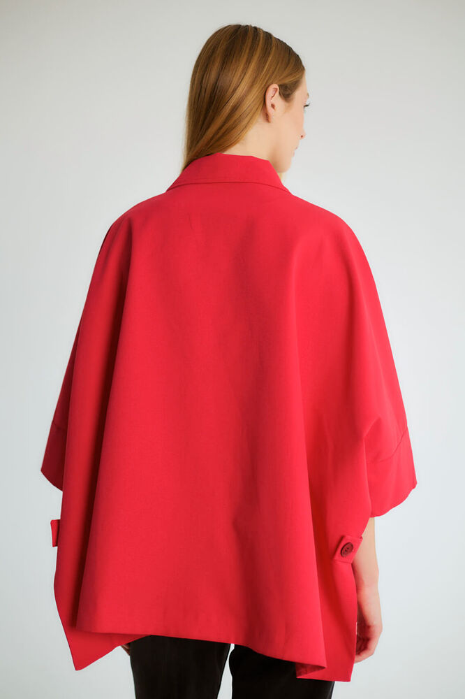 Oversize Pelerin Kollu Yakalı Trençkot - Kırmızı - 4