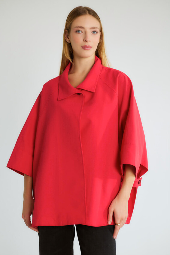 Oversize Pelerin Kollu Yakalı Trençkot - Kırmızı - 2