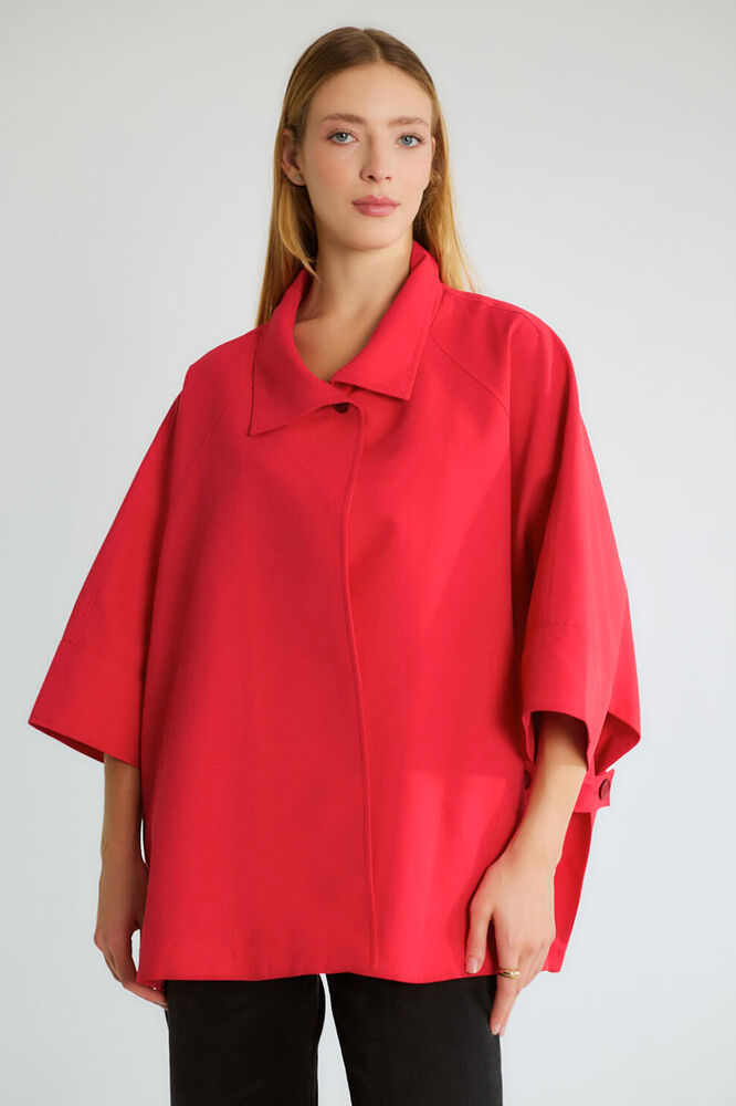 Oversize Pelerin Kollu Yakalı Trençkot - Kırmızı - 2