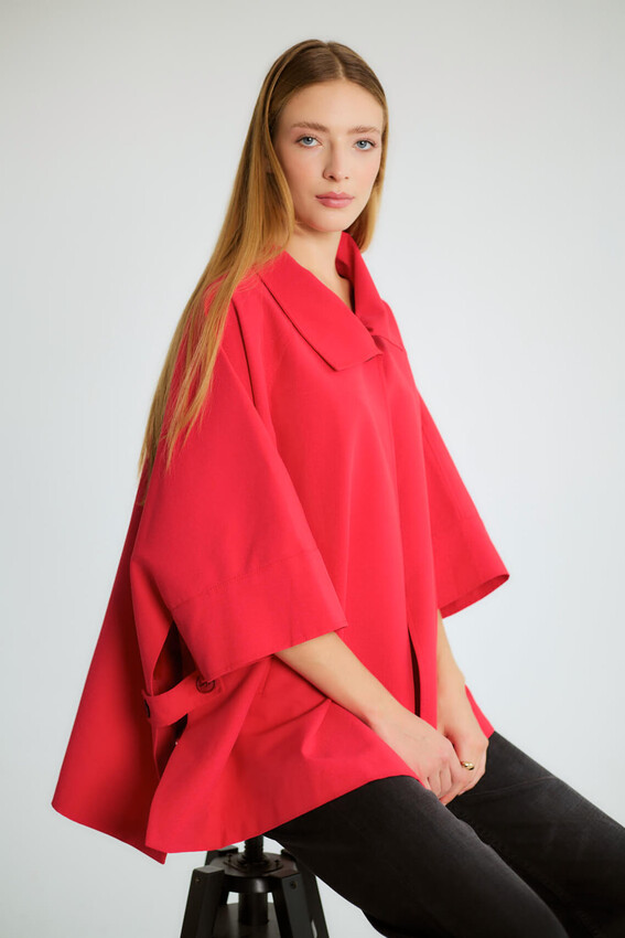 Oversize Pelerin Kollu Yakalı Trençkot - Kırmızı - 3