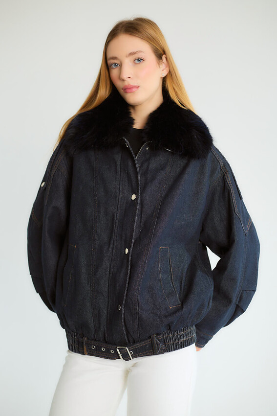 Kürk Yakalı Denim Bomber - Lacivert