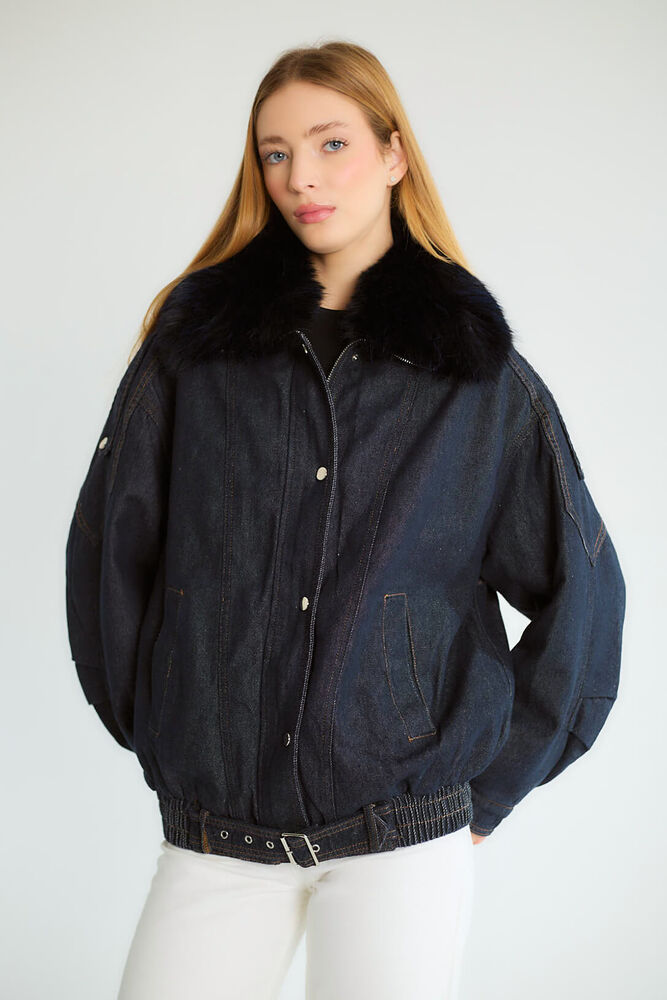 Kürk Yakalı Denim Bomber - Lacivert - 1