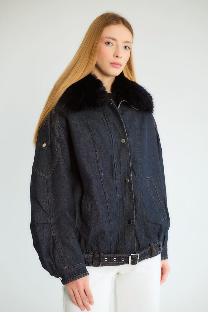 Kürk Yakalı Denim Bomber - Lacivert - 2