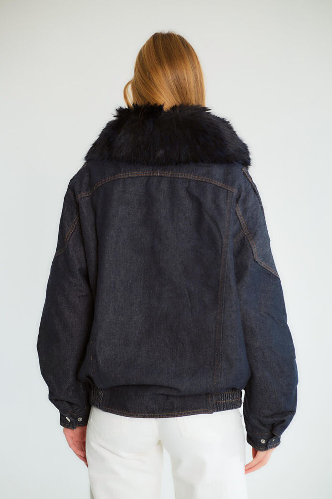 Kürk Yakalı Denim Bomber - Lacivert - 5