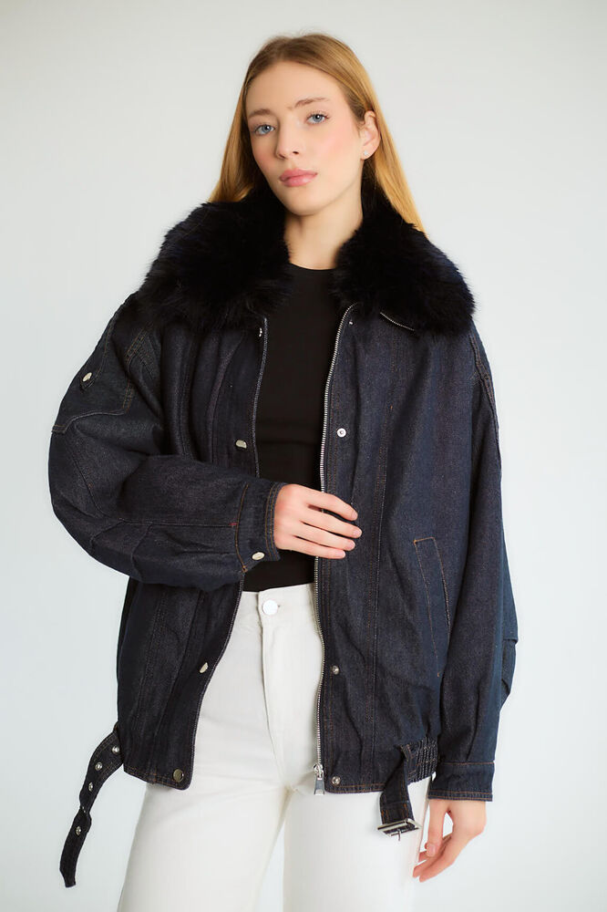 Kürk Yakalı Denim Bomber - Lacivert - 3