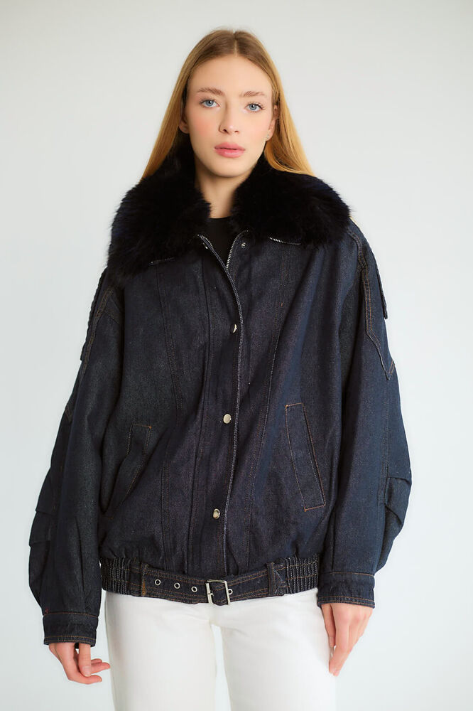 Kürk Yakalı Denim Bomber - Lacivert - 4