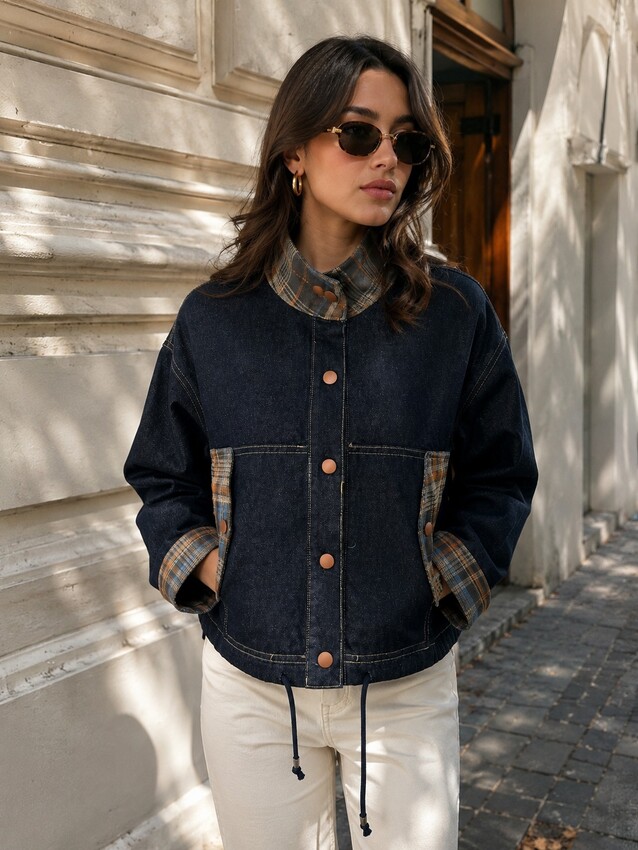 Denim Ekose Detaylı Düğmeli Kısa Mont - Lacivert