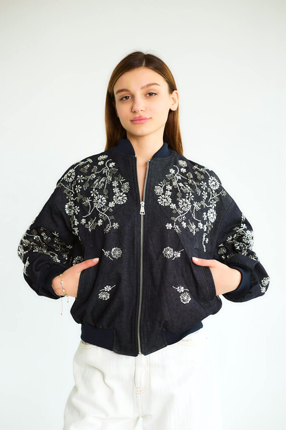 Nakışlı Denim Fermuarlı Bomber - Lacivert