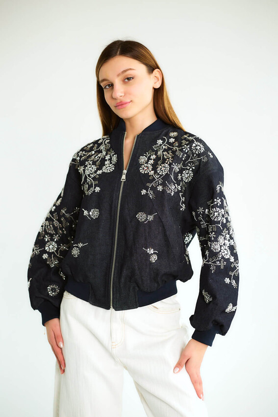 Nakışlı Denim Fermuarlı Bomber - Lacivert - 2