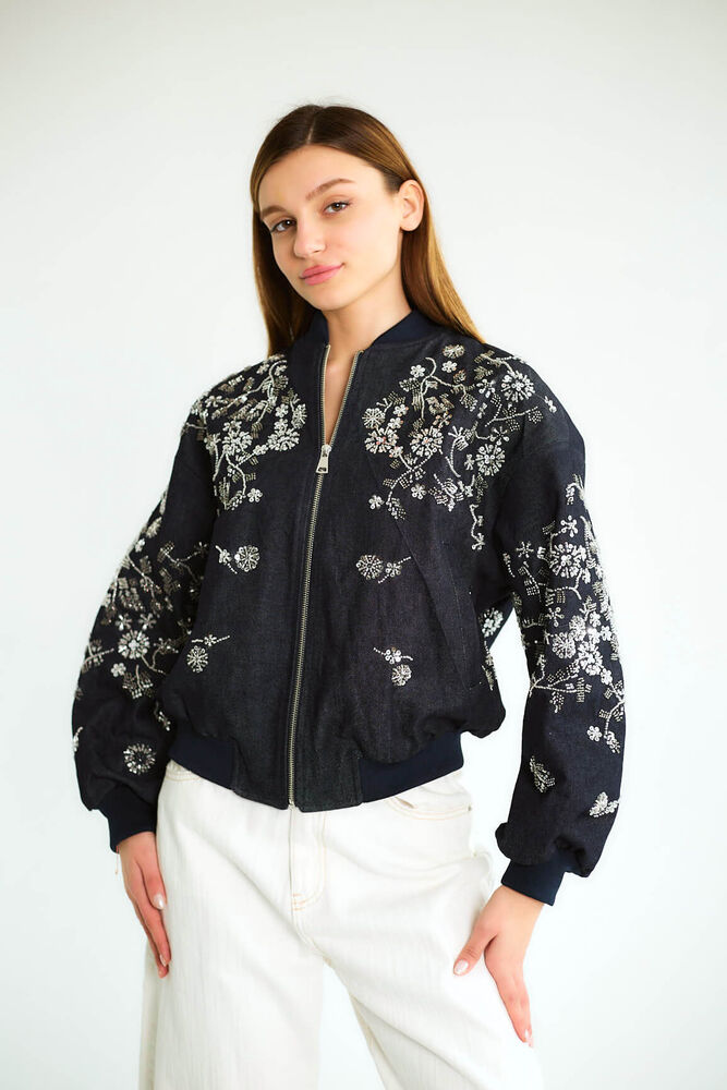 Nakışlı Denim Fermuarlı Bomber - Lacivert - 2