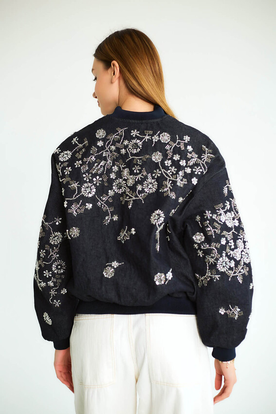 Nakışlı Denim Fermuarlı Bomber - Lacivert - 3